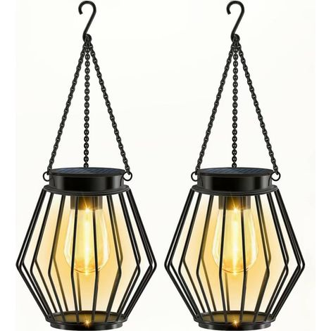 Lot de 2 lanternes solaires, éclairage extérieur suspendu, lanterne avec crochet, éclairage décoratif, idéales pour terrasses et vérandas