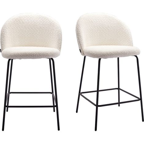Homifab – Lot de 2 tabourets de bar en tissu bouclette écru – Piètement métal noir – Hauteur d'assise 67 cm – Largeur 48,5 cm – Garnissage mousse 18 kg/m³ (1/5)