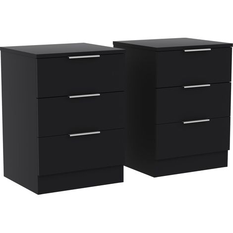 Trega 3 Drawer Bedside Tables Nightstands Set of 2, H 50 x W 39 x D 28 cm, Black