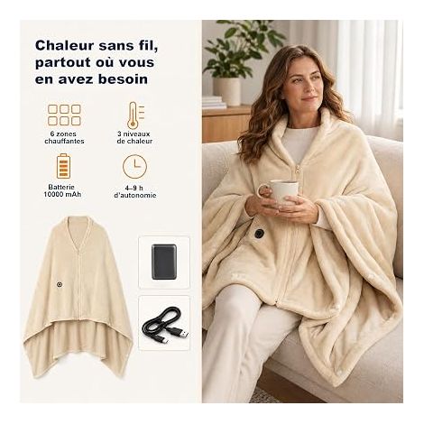 Couverture Chauffante 160x90 cm, Plaid Chauffant 6 Zones, Flanelle Maison, Bureau, Camping, Voiture, Kaki (1/4)