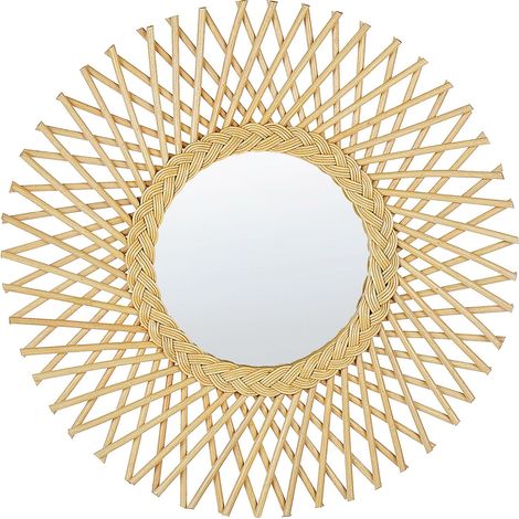 Specchio da parete rotondo moderno con cornice in rattan ø 60 cm chiaro Tagolu