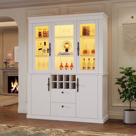 Vitrina con LED 130 x 37,5 x 170,5 cm, 2 cajones, 4 puertas, 8 botelleros, blanca DESVIAE (1/5)