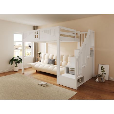 Lit Mezzanine 140 x 200 cm bois massif garde-corps de sécurité à fenêtre échelle de rangement réversible finition blanche (1/5)