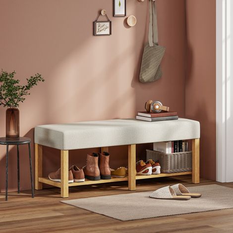 Banc à chaussures étagère ouverte banc de rangement avec siège rembourré bois naturel bois d'hévéa 120x44x48cm finition de qualité