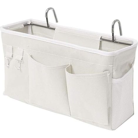 Bolsa de almacenamiento blanca para mesita de noche con gancho para colgar, ideal para libros, revistas, celulares y auriculares. (1/4)