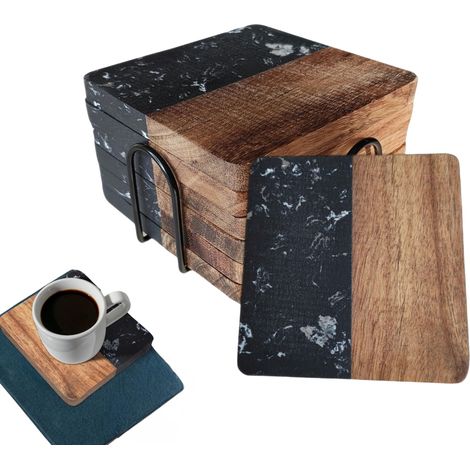 Lot de 6 dessous de verre carrés en bois d'acacia et marbre noir dans un support en acier inoxydable noir (1/5)
