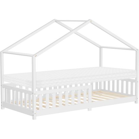 ML-Design Letto a Casetta per Bambini 90x200 cm Bianco in Legno Massello di Pino con Materasso A:10 cm Protezione Anticaduta e Tetto, Stile Montessori, Struttura Bassa a Capanna per Cameretta