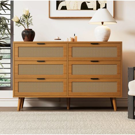 Comò 120x40x76.5 cm noce in truciolare con 6 cassetti, effetto rattan e maniglie in metallo (1/5)