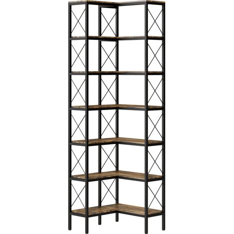 Bibliothèque d'angle 6 niveaux, étagère métallique de rangement pour salon, chambre, bureau, 60x60x200 cm, brun rustique (1/5)