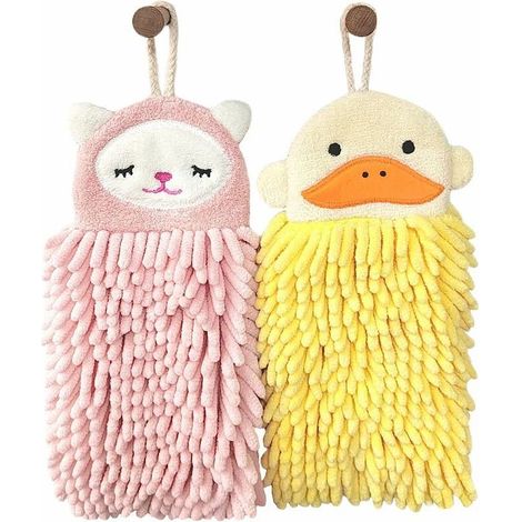 Vie Lot de 2 serviettes pour enfants - Serviette de bain en chenille avec boucle de suspension - Motif animal - Absorbant - Séchage rapide - Pour salle de bain, cuisine - Rose et jaune