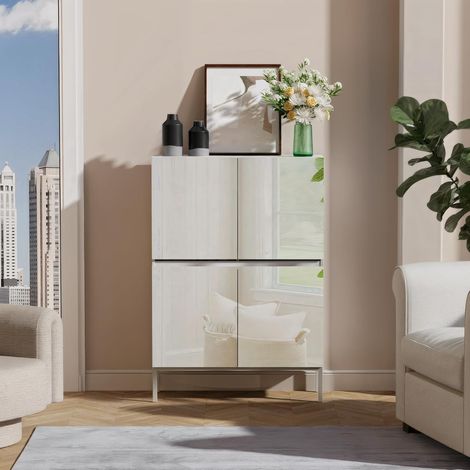 UEV Meuble à 4 Portes 80cm, Armoire avec 4 Compartiments, Meuble de Rangement avec Miroir, Étagère Réglable et Amovible, pour Bureau, Salon, Couloir, 80 x 29 x 115,5 cm, Blanc (1/5)