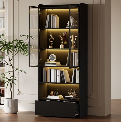 MEUBLIV Vitrine haute 80x34x180 cm noire – LED, porte vitrée et tiroir (1/5)