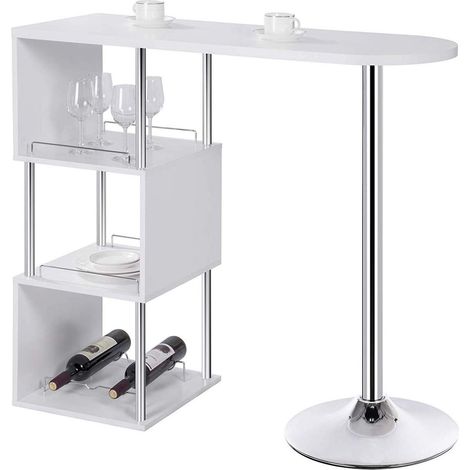 WOLTU Bartisch Stehtisch Bistrotisch Bartheke Tresentisch, mit 3 Ablagefläche, mit Weinregale, Metall, MDF, Weiß, 113x40x105cm(BxTxH)