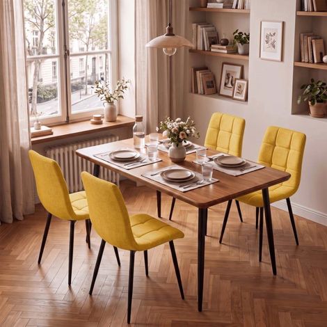WAFTING Lot de 4 chaises de Salle à Manger rembourrées avec Dossier Haut et Design en Lin,Jaune (1/5)