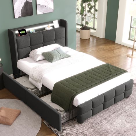 Polsterbett 90x200 mit 2 Schubladen und LED-Beleuchtung, Einzelbett mit USB-Anschluss und Lattenrost, Stauraumbett aus Leinen, Grau (1/5)