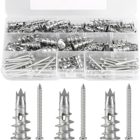 Lot de 120/60 chevilles en métal pour corps creux - Chevilles auto-perceuses pour placoplâtre - Avec vis - Pour plâtre - Chevilles murales creuses pour béton, brique, plaques de plâtre, plaques de (1/5)