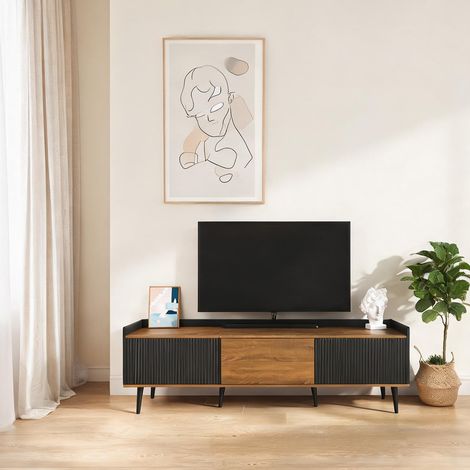 Meuble TV 3 portes en bois massif et panneaux de particules noir (1/5)