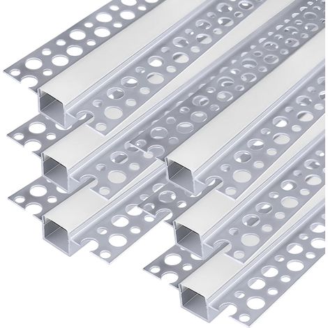 Profilé LED Aluminium 1 m (3,3 ft), Lot de 6, à Enduire pour Cloison Sèche, avec Diffuseur Blanc Laiteux, Trimless, Double Côté, pour Ruban LED, Éclairage Sous Meuble, Mur et Plafond (1/5)
