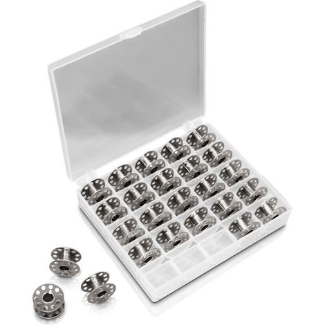Packung mit 25 Nähmaschinenspulen aus robustem Metall ohne scharfe Kanten. Inklusive Spulenkapsel zur einfachen Aufbewahrung. Kompatibel mit Nähmaschinen von W6, Pfaff, Brother und Singer. (1/5)