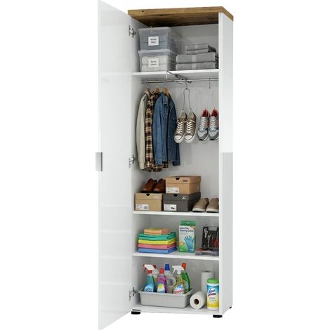Armario Multiusos 1 Puerta Tani, Perchero, 5 Estantes Hecho en Italia, Una puerta, 60x190h cm Blanco Brillante