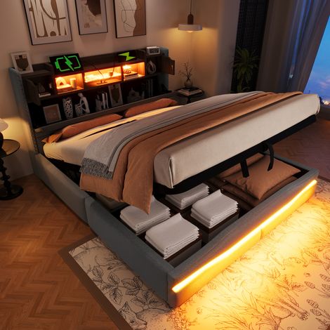 Lit double hydraulique 160x200 cm gris,USB Type-C,LED ambiance sous le lit,tête de lit avec rangement,sans matelas (1/5)