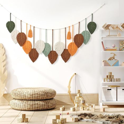 Grande tapisserie tissée à la main avec motif de feuilles, une pièce décorative de style bohème, adaptée aux chambres d'enfants, chambres, salons et autres intérieurs. (1/5)