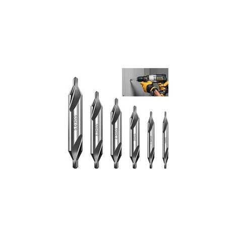 6 Pièces Forets à Centrer HSS, Kit Forets de centrage 60° Métal, Jeu de 1/1.5/2/2.5/3/5 mm Foret Fraisage à Chanfrein Double Tête pour Métal Acier Inox Cuivre Aluminium Outils Perçage de Précision (1/5)