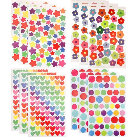 732 Stück Bunte Aufkleber-Mix  Herz, Stern, Blume & Punkt Design (12 Bögen)  Selbstklebende Belohnungssticker für Kinder, Scrapbooking & Geschenke  Inkl. Sticker Liebe & Herz-Motive (1/5)