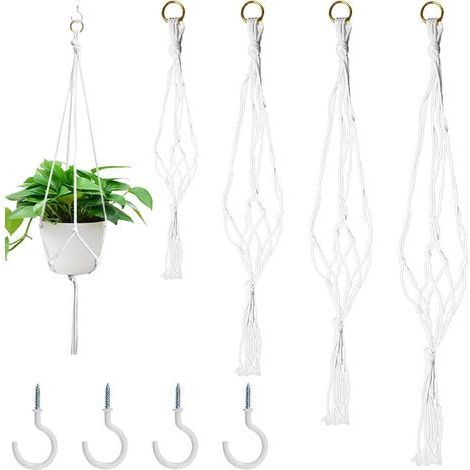 Suspension Plante Intérieure,4 PCS Macramé Pot Suspendu,Suspension Plante Exterieur avec 4 Crochets en Métal pour Intérieur, Extérieur, Jardin, Balcon, Patio, Fenêtre, Beige (1/5)