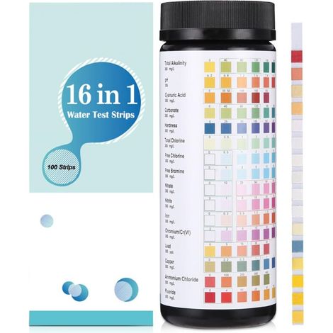16 in 1 Pool and Spa Test Strip, 100 Pool PH Tester, Swimming Pool Test Strip, Swimming Pool Tester for Testing Hardness, Total Alkalinity, Free Chlorine, Bromine, pH and More (1/5)