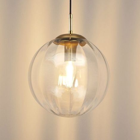 Kosilum – Suspension boule en verre strié ajustable – Câble noir – Socle rond – Ampoule E14 – Pour espaces intérieurs élégants