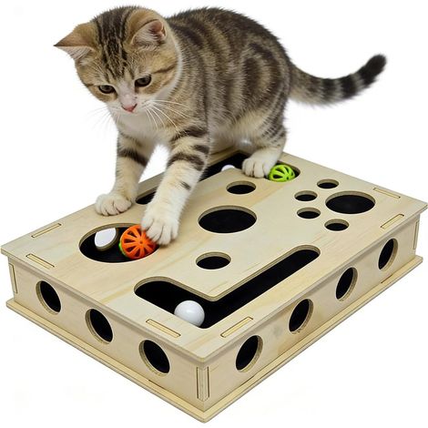 Lime à ongles pour chat, boîte d'enrichissement, 30 x 25 cm, boîte de stimulation mentale avec 3 balles, puzzle à gratter en bois pour chats, boîtes à jouets interactives pour chats