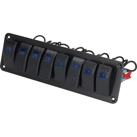 Panneau à 8 interrupteurs à bascule rétroéclairés par LED, étanche, avec protection contre les surcharges et pré-câblé pour voiture, camping-car, bus, bateau (bleu). (1/5)