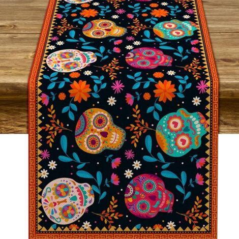 Dekorative Tischdecke aus Leinen im Landhausstil mit mexikanischem Zuckerschädelmuster für Zuhause, Küche und Esszimmer (13" x Etikett) (1/5)