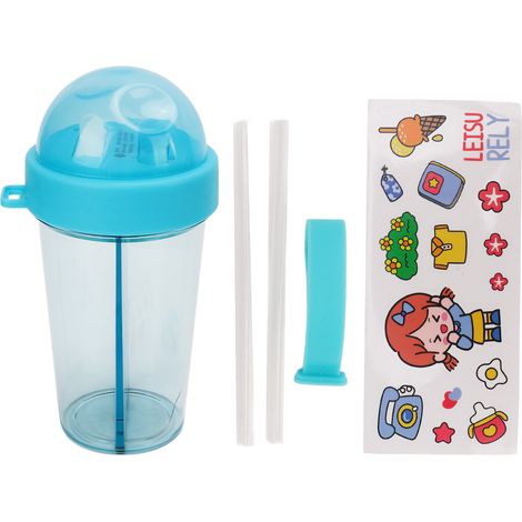 Gourde à double paille anti-fuide portable avec autocollants pour camping, sport, jogging - Bleu (1/5)