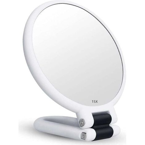 Miroir Grossissant x15 Double Face Miroir Pliable avec Poignée, Miroir de Maquillage à Main Miroir à Palette de Coiffeurs Miroir Pliant Utilisé pour Divers Détails de Maquillage (Argent) (1/4)