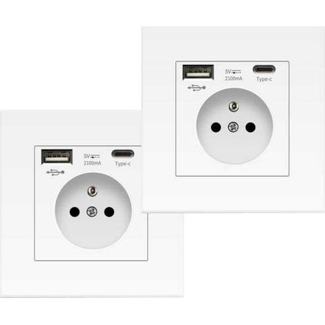 Lot de 2 prises murales avec USB et Type C, alimentation PC, 2,1A, courant 16A, 250V, 86 mm, blanc (1/5)