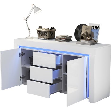 Sideboard Weiß Hochglanz mit LED Beleuchtung 140x40x65 cm, Moderne Kommode 3 Schubladen 2 Türen, Wohnzimmerschrank Anrichte für Flur & Büro