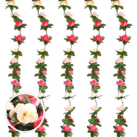 Guirlande de 5 roses artificielles de 2,7 m, guirlande de fleurs artificielles en soie suspendues, avec feuilles de lierre vert (rose) (1/5)