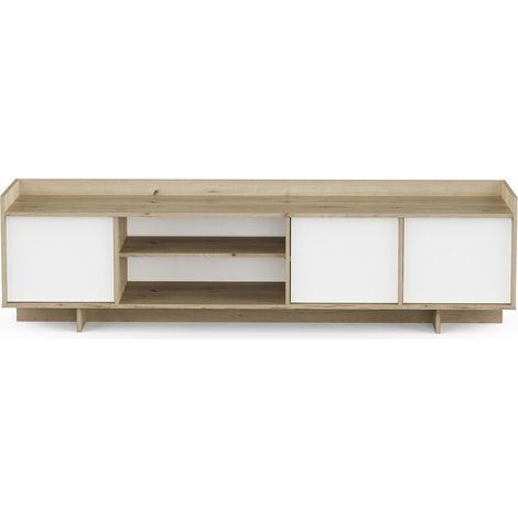 CALICOSY - Meuble TV 3 portes 1 niche décor chêne royal et blanc L183 cm - LEAD (1/5)