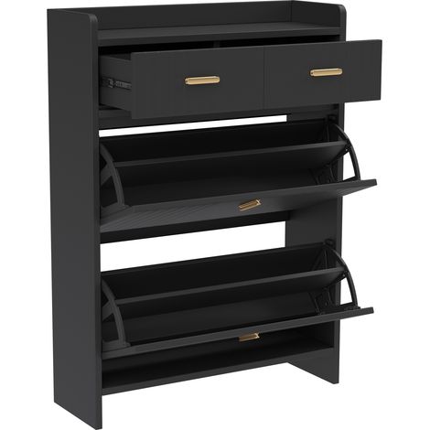 Scarpiera stretta con ante a ribalta e 2 cassetti, nera, 75 x 24 x 108,5 cm (1/5)
