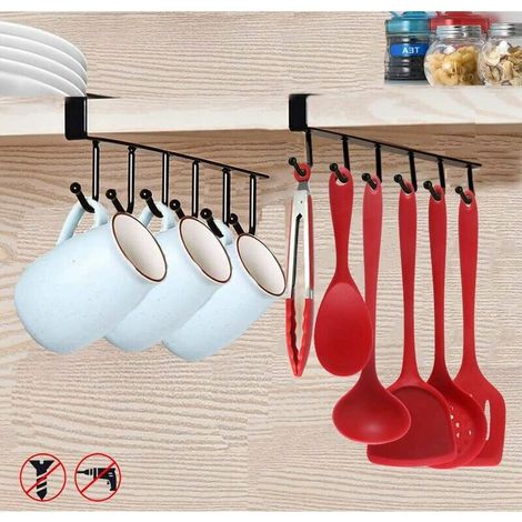 RHG 2pcs Tasse Tasses à Verres de Rangement Crochets Ustensiles  Accrocher porte-rack Crochet sous Placard Cabinet Sans Perçage (Noir)