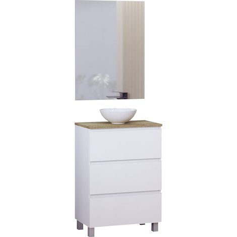 Ensemble de Meuble de Salle de Bain, spécial pour Les Petites salles de Bains, Meuble à Fond réduit de 36 cm, avec lavabo en céramique, Meuble monté, Trois tiroirs avec Miroir 60 cm Blanc (1/5)
