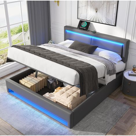 lit adulte double 140x190 rangement LED USB PU gris OKMYHOME (1/5)