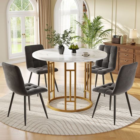 Ensemble salle à manger 5 pièces, table ronde 80cm, pieds métal doré, plateau MDF effet marbre, 4 chaises grises, style moderne