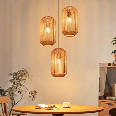 GBLY Pendelleuchte Boho Rattan Hängelampe E27 Höhenverstellbar Retro Esstischlampe Für Esszimmer Café Ohne Leuchtmittel