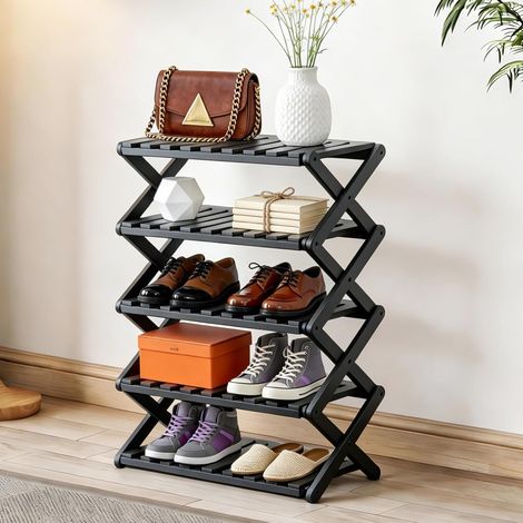 Étagère à chaussures pliable noire à 5 niveaux sans installation, organiseur de rangement en bambou robuste pour entrée, placard et petits espaces, support de rangement pour chaussures peu (1/5)