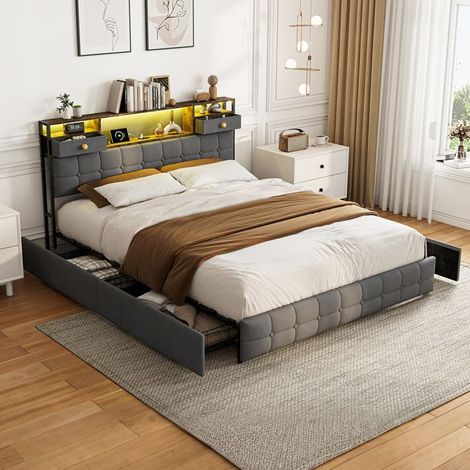 Letto matrimoniale 160x200 - Design Queen Size Moderno - Velluto grigio - 6 cassetti - Testata letto LED USB