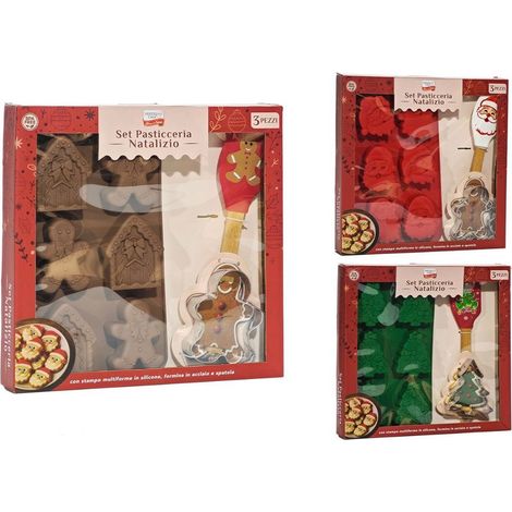 Trade Shop - SET PER PASTICCERIA NATALIZIO DA 3PZ STAMPO MULTIFORME IN SILICONE FORMINA IN ACCIAIO SPATOLA -