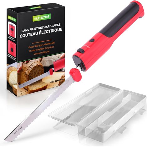 Couteau Électrique de Cuisine – Couteau à Découper pour Viande, Volaille, Pain et Fromage, Lames en Acier, Modèle Sans Fil, Bouton Sécurité ON/OFF, Rouge (1/5)
